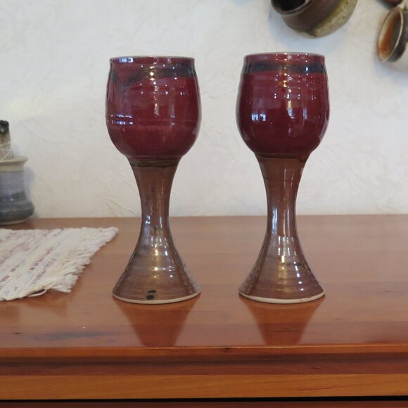 Tall Pottery Wine Goblets, Signed, Scott Frankenberger Artist, Burgundy & Tan - Picture 5 of 9